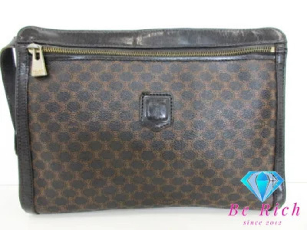 Celine Clutch Bag Shoulder Macadam Black Brown Leather